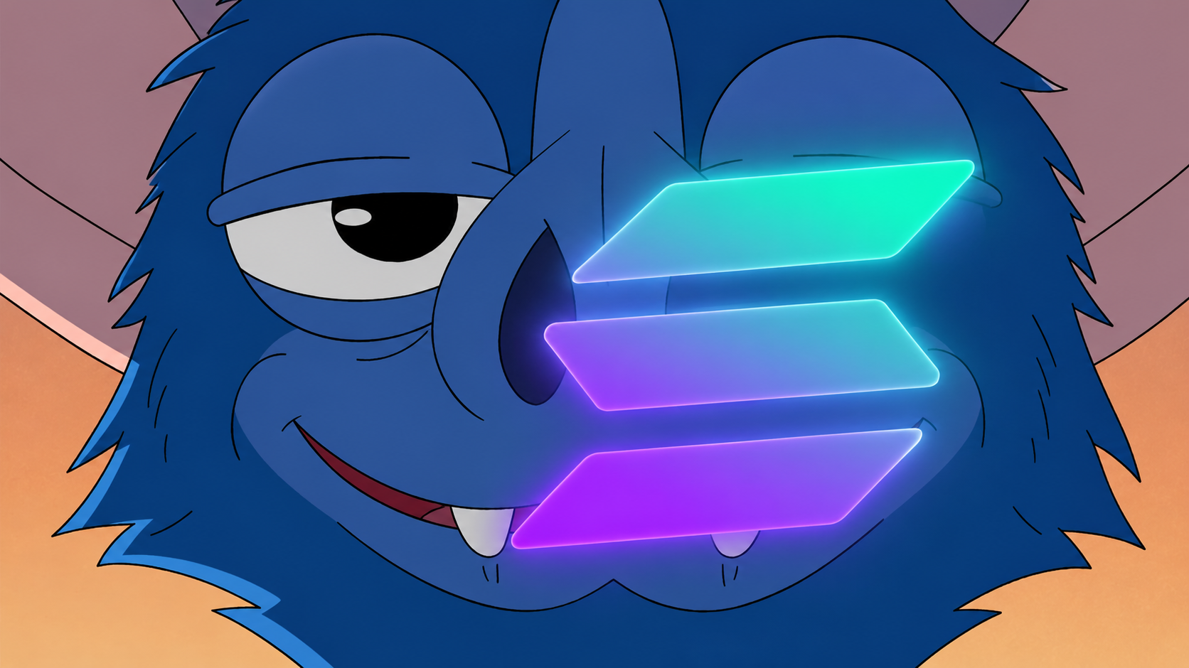 Close-up of the $SOLRAT character with the Solana logo