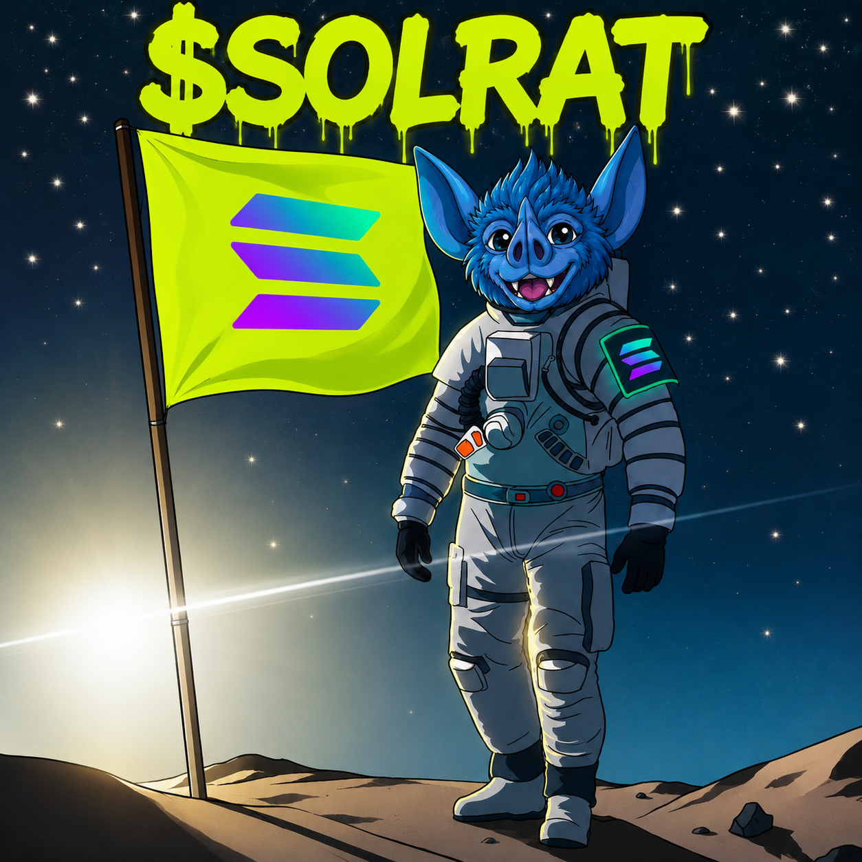 $SOLRAT astronaut rat planting a Solana flag on the moon